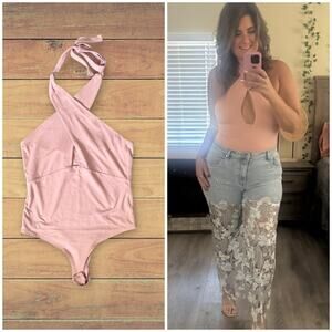 ReoRia pink cross over halter top bodysuit, large